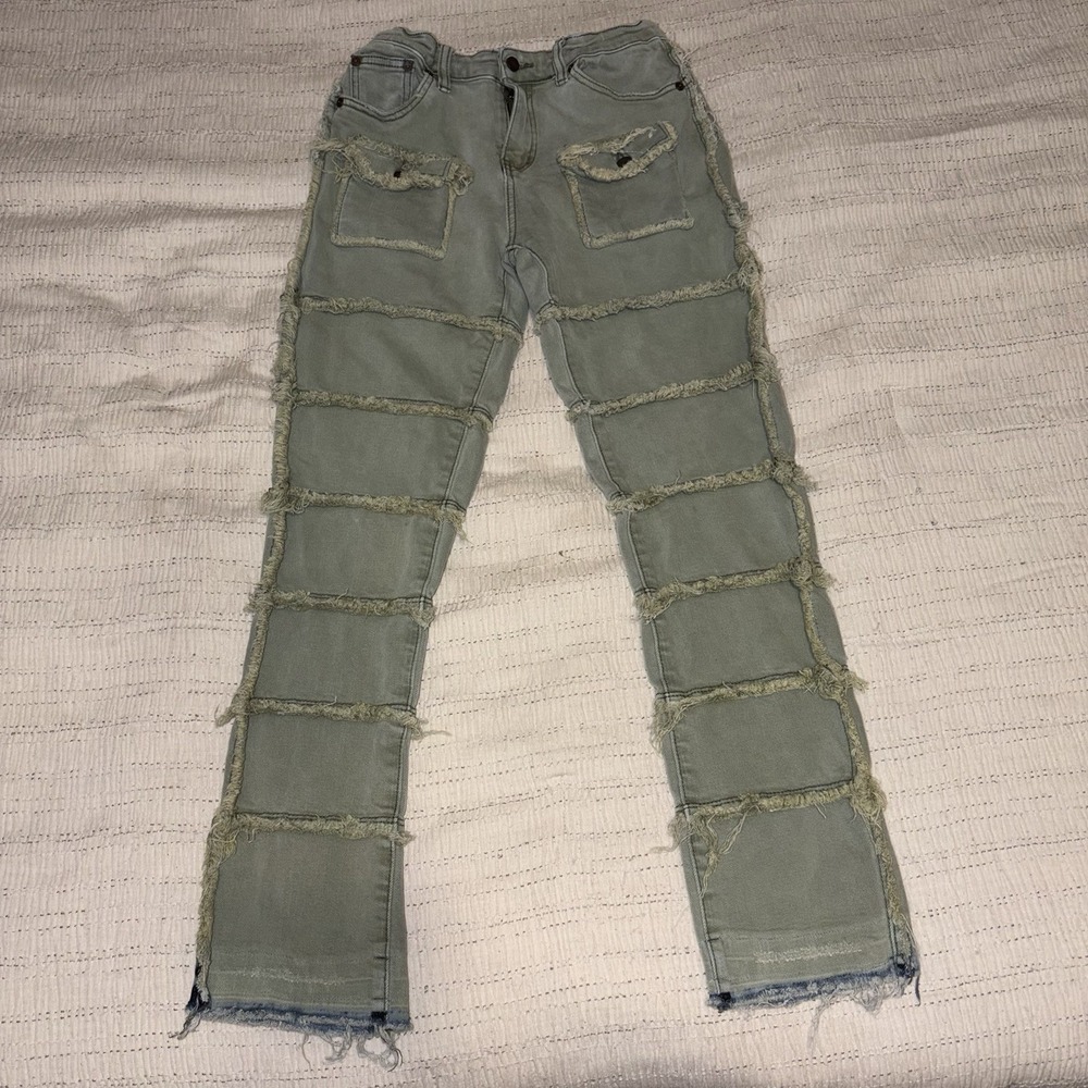 Valabasas Play Jeans Sz 14 Green Patchwork Distressed Stacked Raw Hem Streetwear
